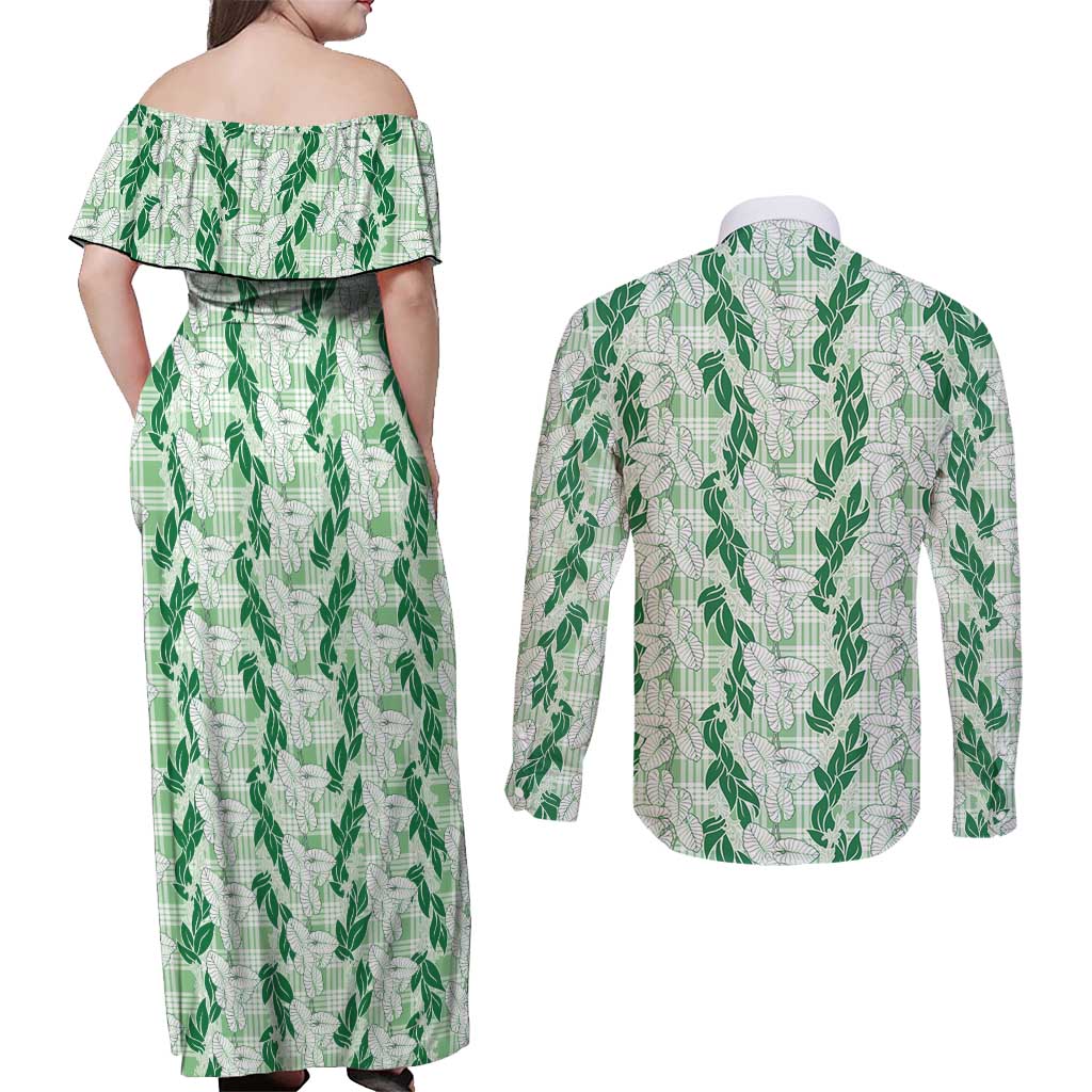Hawaii Ti Leaf Maile Tuberose Lei Couples Matching Off Shoulder Maxi Dress and Long Sleeve Button Shirt With Hanalei Leaf Green LT05 - Polynesian Pride
