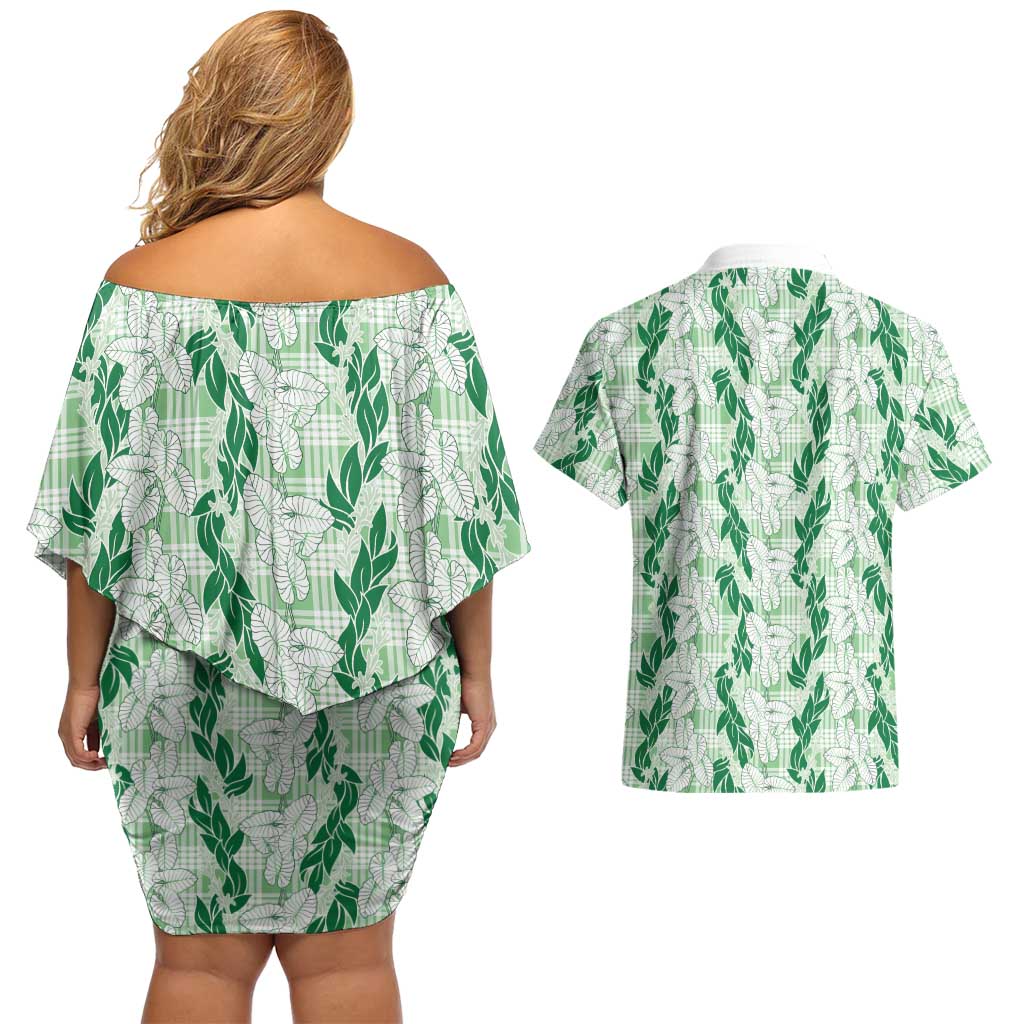 Hawaii Ti Leaf Maile Tuberose Lei Couples Matching Off Shoulder Short Dress and Hawaiian Shirt With Hanalei Leaf Green LT05 - Polynesian Pride