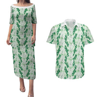 Hawaii Ti Leaf Maile Tuberose Lei Couples Matching Puletasi and Hawaiian Shirt With Hanalei Leaf Green LT05 Green - Polynesian Pride