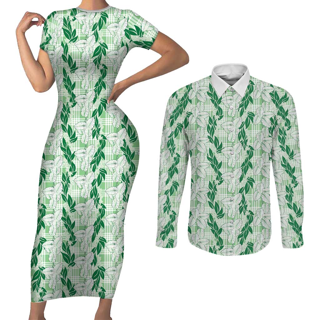 Hawaii Ti Leaf Maile Tuberose Lei Couples Matching Short Sleeve Bodycon Dress and Long Sleeve Button Shirt With Hanalei Leaf Green LT05 Green - Polynesian Pride