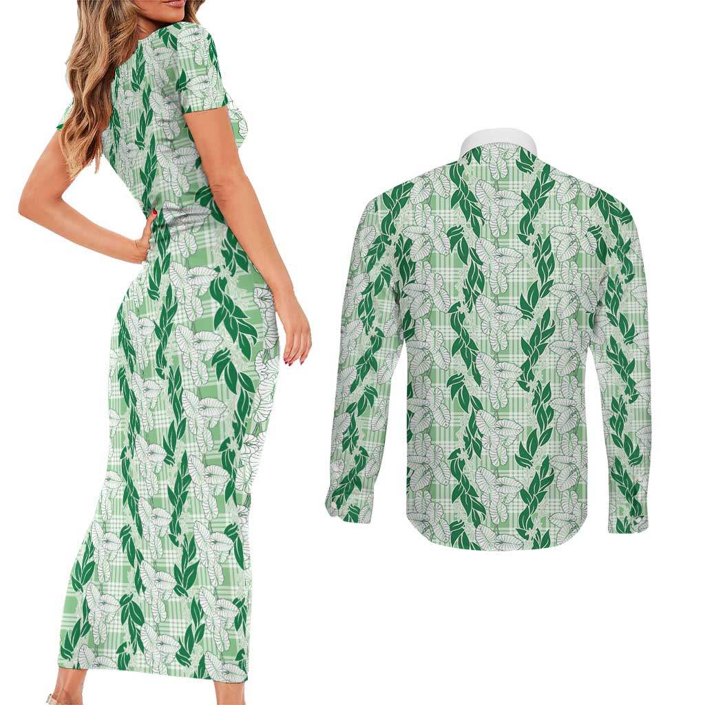 Hawaii Ti Leaf Maile Tuberose Lei Couples Matching Short Sleeve Bodycon Dress and Long Sleeve Button Shirt With Hanalei Leaf Green LT05 - Polynesian Pride