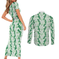 Hawaii Ti Leaf Maile Tuberose Lei Couples Matching Short Sleeve Bodycon Dress and Long Sleeve Button Shirt With Hanalei Leaf Green LT05 - Polynesian Pride