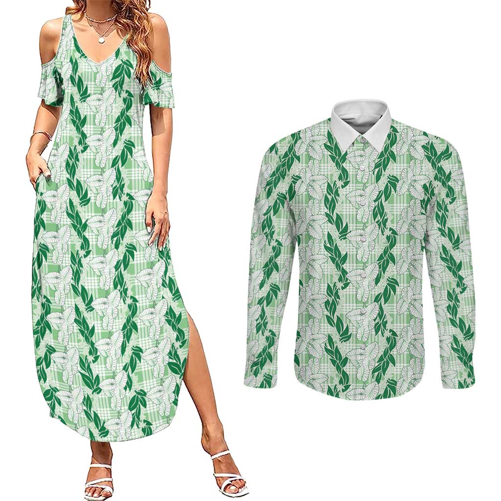 Hawaii Ti Leaf Maile Tuberose Lei Couples Matching Summer Maxi Dress and Long Sleeve Button Shirt With Hanalei Leaf Green LT05 Green - Polynesian Pride