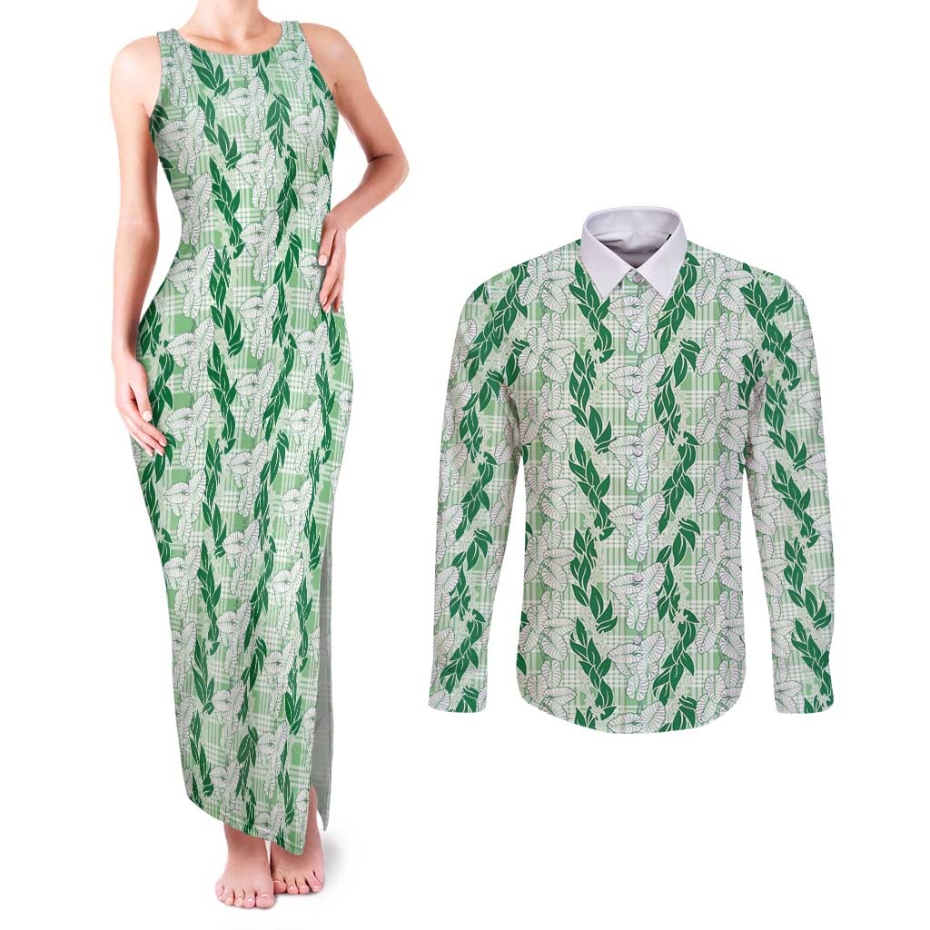 Hawaii Ti Leaf Maile Tuberose Lei Couples Matching Tank Maxi Dress and Long Sleeve Button Shirt With Hanalei Leaf Green LT05 Green - Polynesian Pride