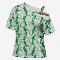 Hawaii Ti Leaf Maile Tuberose Lei Cross Shoulder Shirt With Hanalei Leaf Green LT05 Female Green - Polynesian Pride