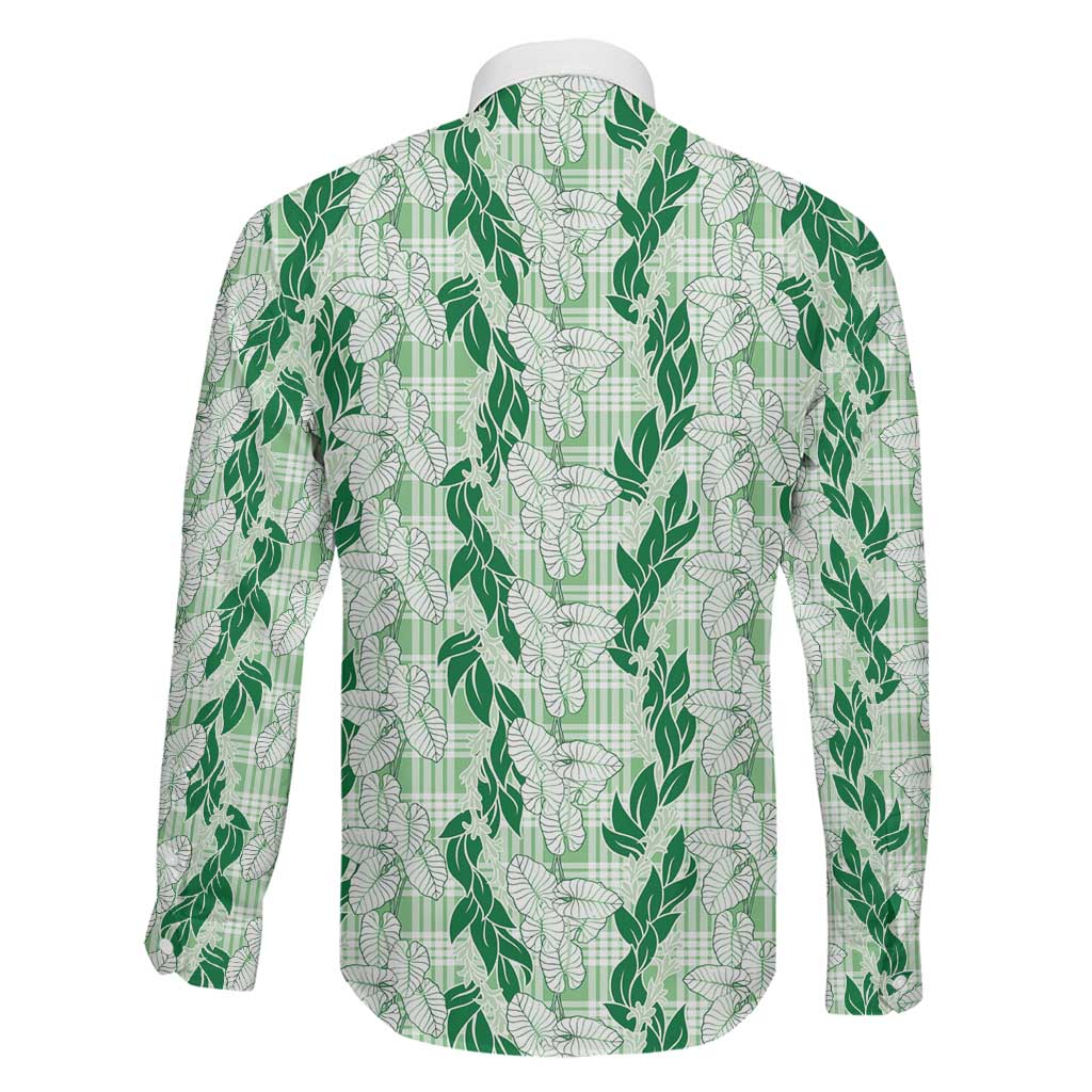Hawaii Ti Leaf Maile Tuberose Lei Family Matching Long Sleeve Bodycon Dress and Hawaiian Shirt With Hanalei Leaf Green LT05 - Polynesian Pride