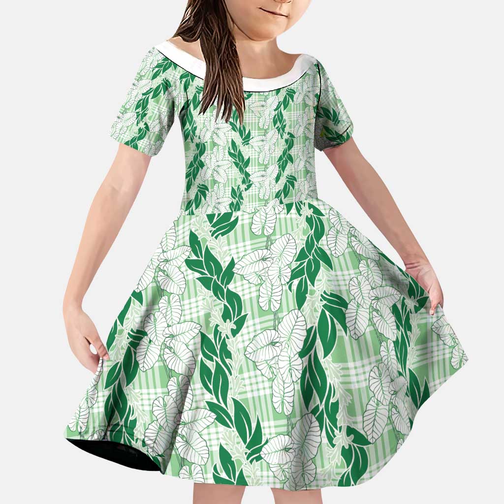 Hawaii Ti Leaf Maile Tuberose Lei Family Matching Off The Shoulder Long Sleeve Dress and Hawaiian Shirt With Hanalei Leaf Green LT05 Daughter's Dress Green - Polynesian Pride