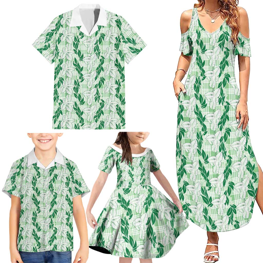 Hawaii Ti Leaf Maile Tuberose Lei Family Matching Summer Maxi Dress and Hawaiian Shirt With Hanalei Leaf Green