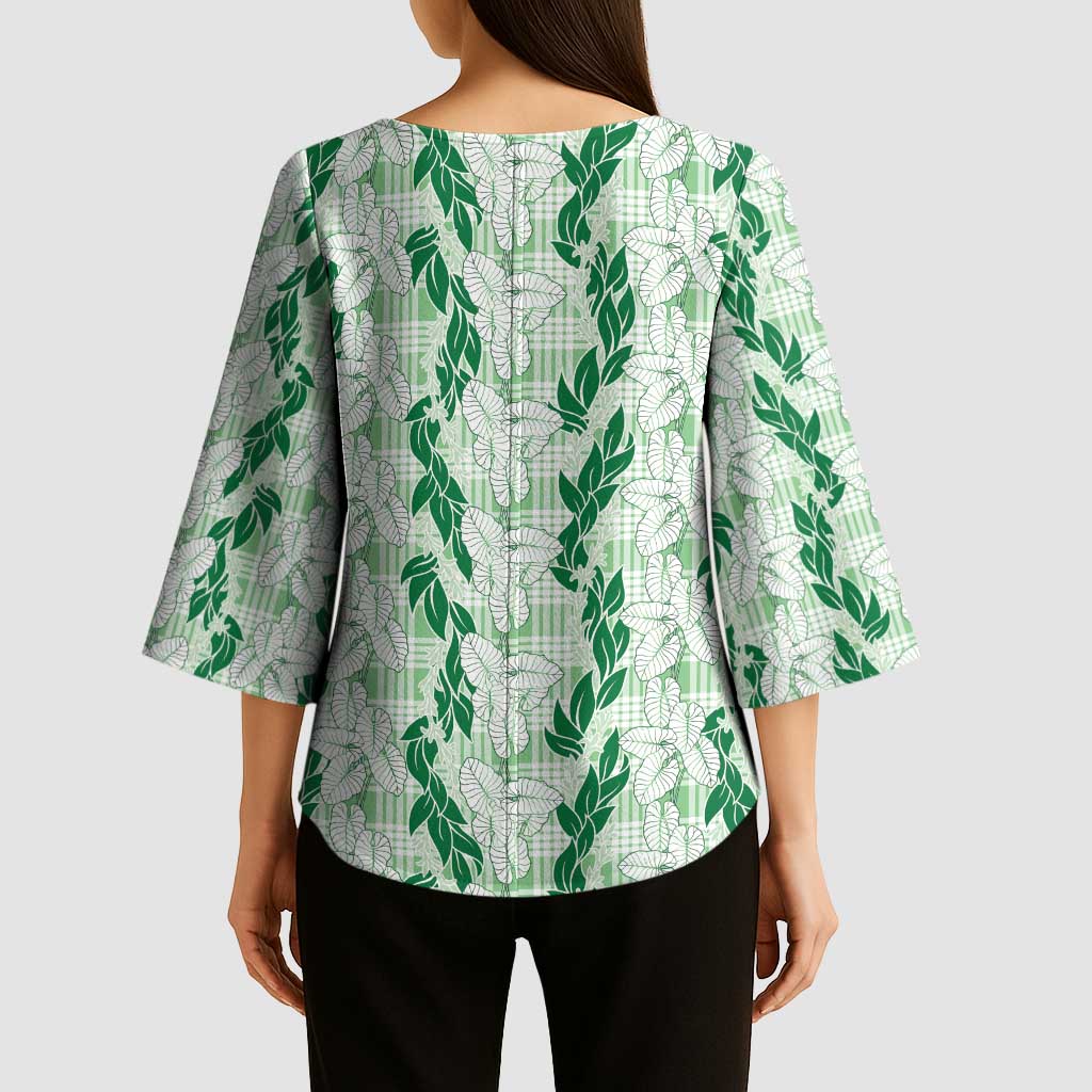 Hawaii Ti Leaf Maile Tuberose Lei Kimono Sleeve Blouse With Hanalei Leaf Green LT05 - Polynesian Pride