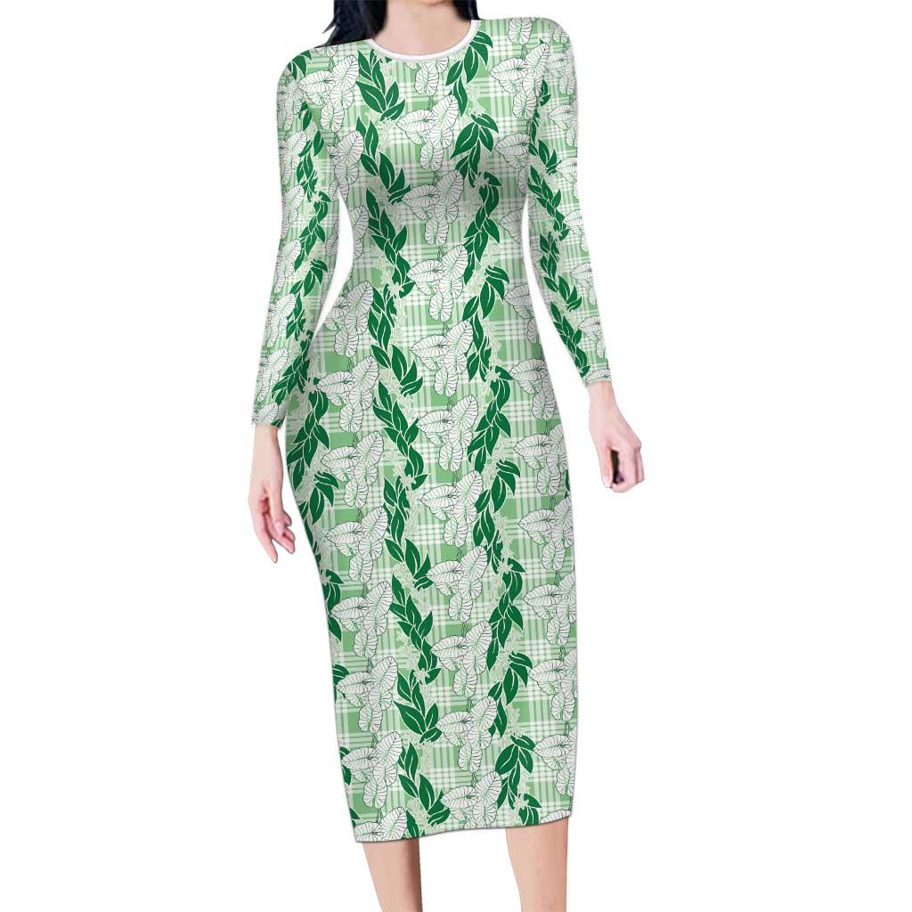 Hawaii Ti Leaf Maile Tuberose Lei Long Sleeve Bodycon Dress With Hanalei Leaf Green LT05 Long Dress Green - Polynesian Pride
