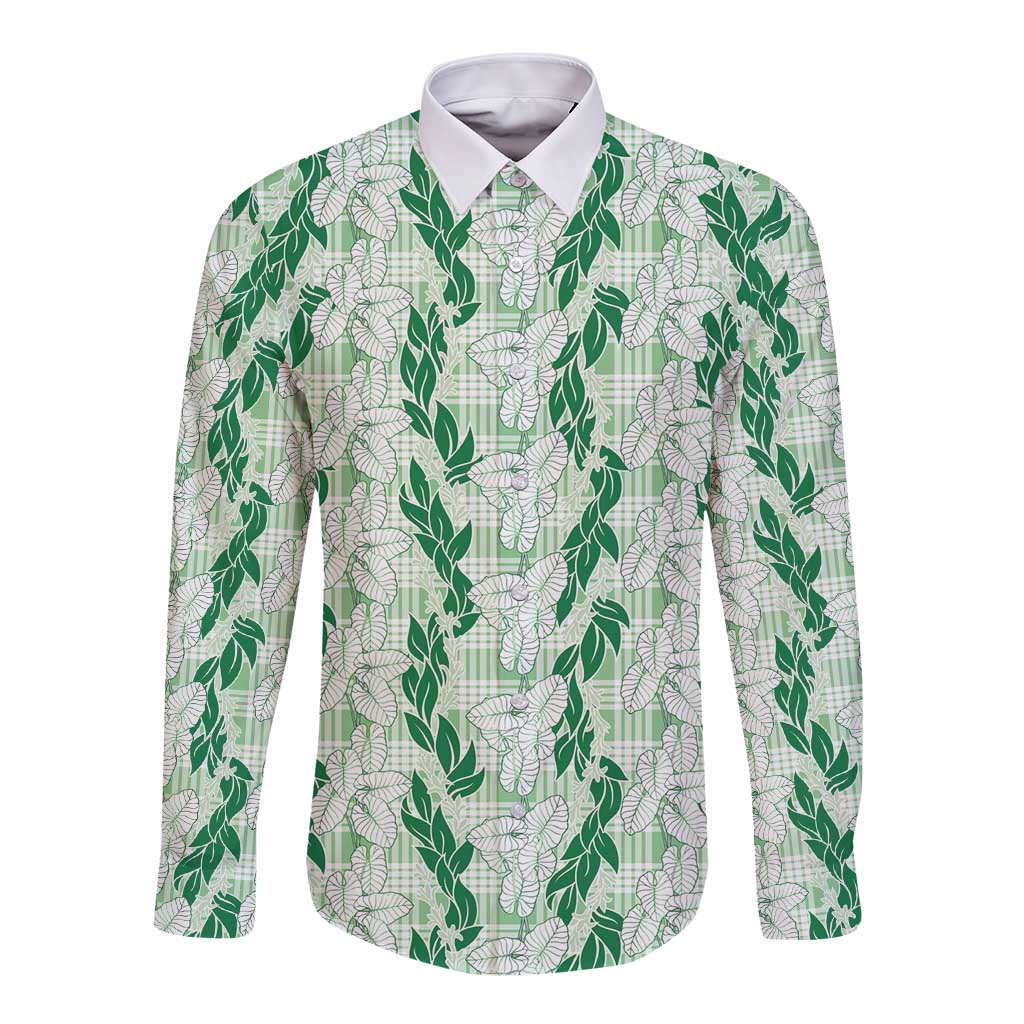Hawaii Ti Leaf Maile Tuberose Lei Long Sleeve Button Shirt With Hanalei Leaf Green LT05 Unisex Green - Polynesian Pride