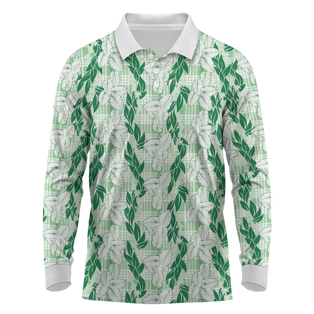 Hawaii Ti Leaf Maile Tuberose Lei Long Sleeve Polo Shirt With Hanalei Leaf Green LT05 Green - Polynesian Pride