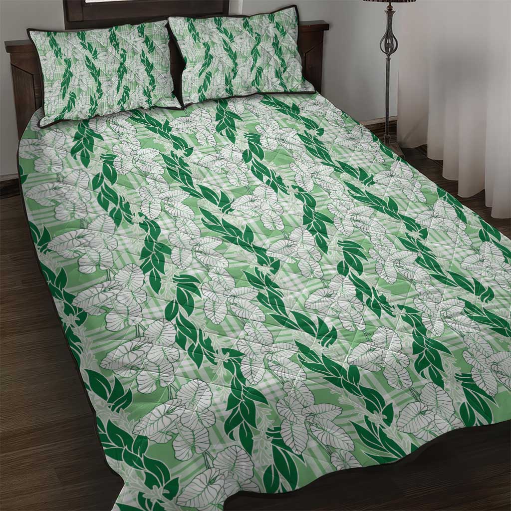 Hawaii Ti Leaf Maile Tuberose Lei Quilt Bed Set With Hanalei Leaf Green LT05 Green - Polynesian Pride