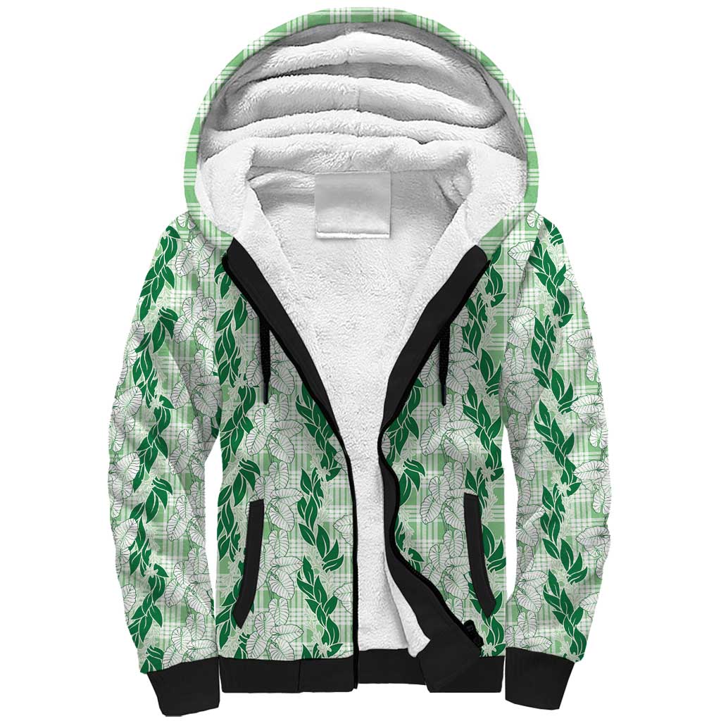 Hawaii Ti Leaf Maile Tuberose Lei Sherpa Hoodie With Hanalei Leaf Green