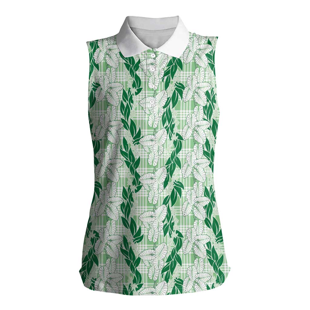 Hawaii Ti Leaf Maile Tuberose Lei Women Sleeveless Polo Shirt With Hanalei Leaf Green