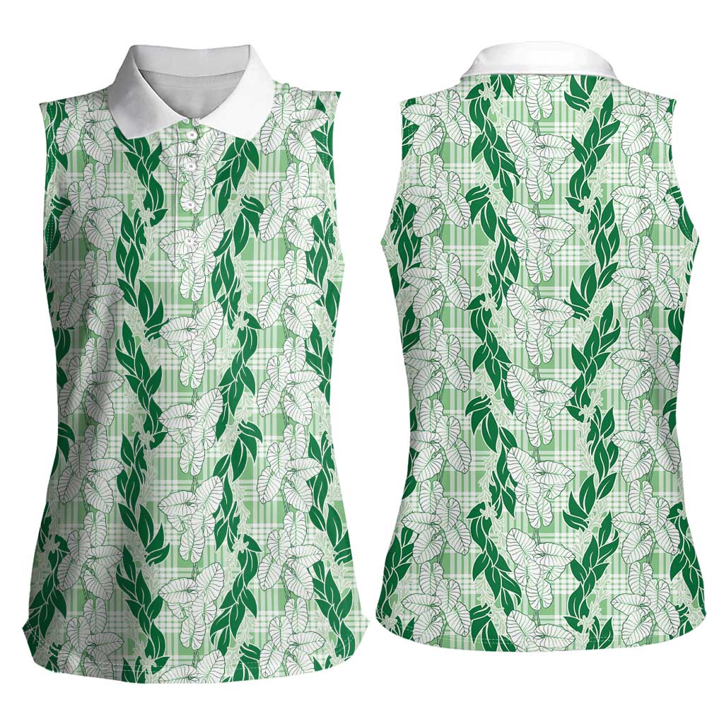 Hawaii Ti Leaf Maile Tuberose Lei Women Sleeveless Polo Shirt With Hanalei Leaf Green LT05 - Polynesian Pride