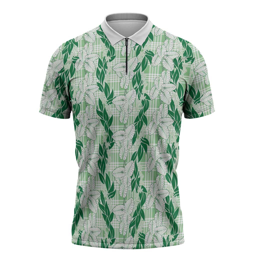 Hawaii Ti Leaf Maile Tuberose Lei Zipper Polo Shirt With Hanalei Leaf Green LT05 Green - Polynesian Pride