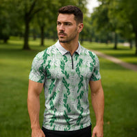Hawaii Ti Leaf Maile Tuberose Lei Zipper Polo Shirt With Hanalei Leaf Green LT05 - Polynesian Pride