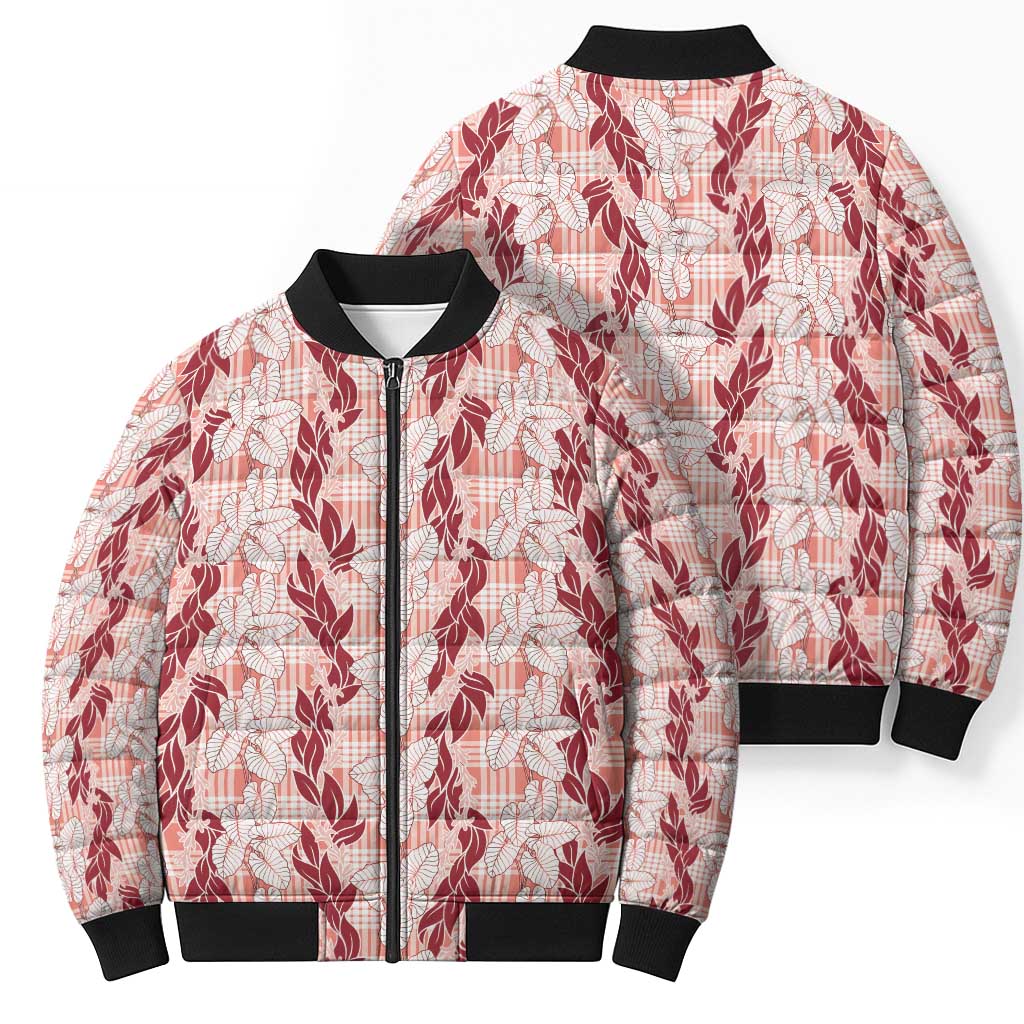 Hawaii Ti Leaf Maile Tuberose Lei Bomber Puffer Jacket With Hanalei Leaf Red LT05 - Polynesian Pride