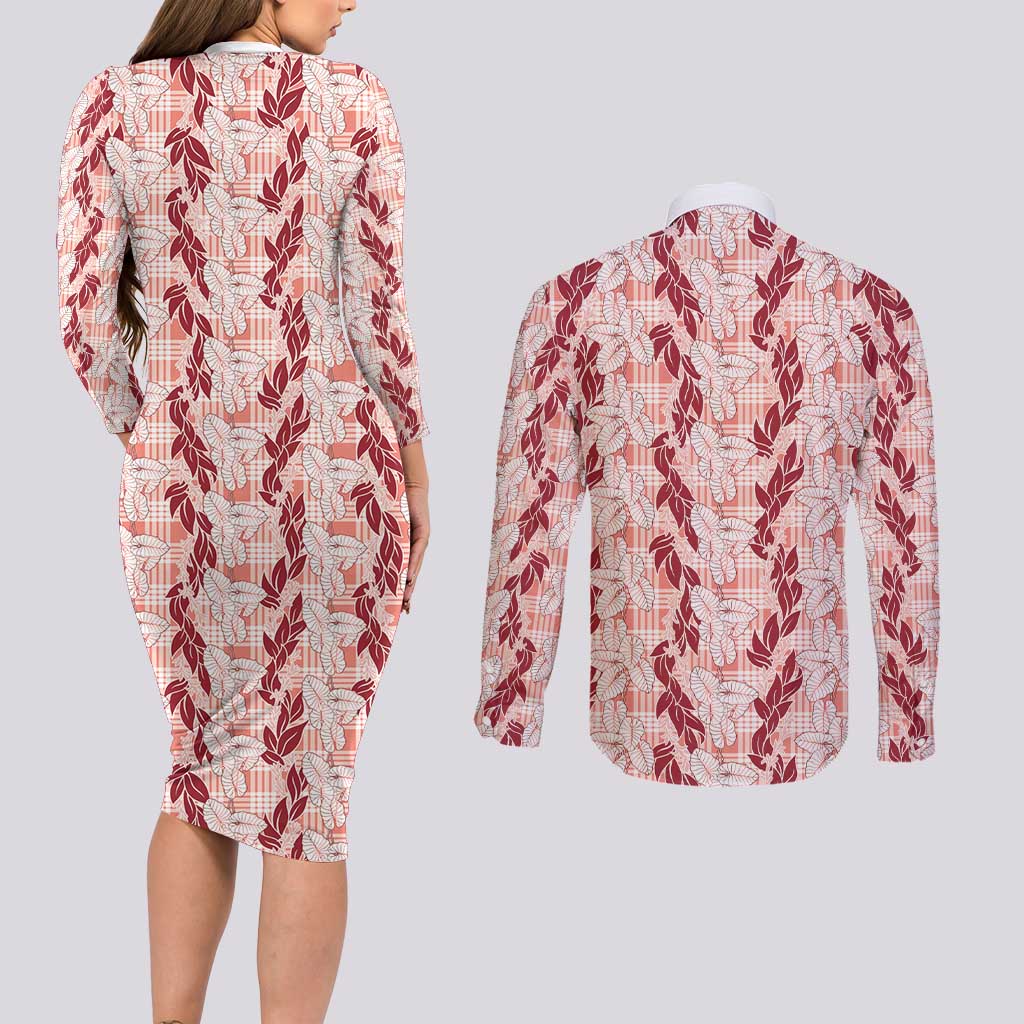 Hawaii Ti Leaf Maile Tuberose Lei Couples Matching Long Sleeve Bodycon Dress and Long Sleeve Button Shirt With Hanalei Leaf Red LT05 - Polynesian Pride