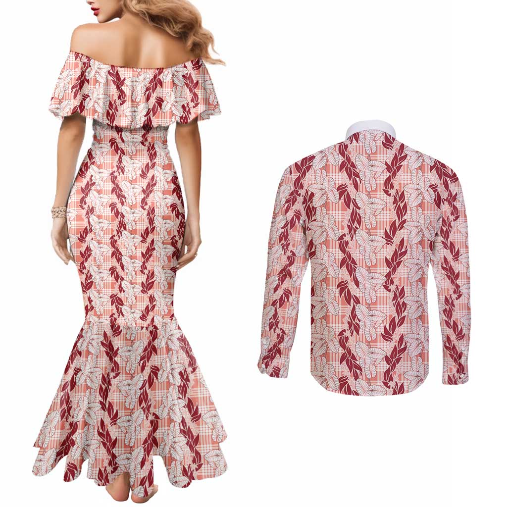Hawaii Ti Leaf Maile Tuberose Lei Couples Matching Mermaid Dress and Long Sleeve Button Shirt With Hanalei Leaf Red LT05 - Polynesian Pride