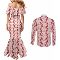 Hawaii Ti Leaf Maile Tuberose Lei Couples Matching Mermaid Dress and Long Sleeve Button Shirt With Hanalei Leaf Red LT05 - Polynesian Pride