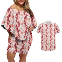 Hawaii Ti Leaf Maile Tuberose Lei Couples Matching Off Shoulder Short Dress and Hawaiian Shirt With Hanalei Leaf Red LT05 Red - Polynesian Pride