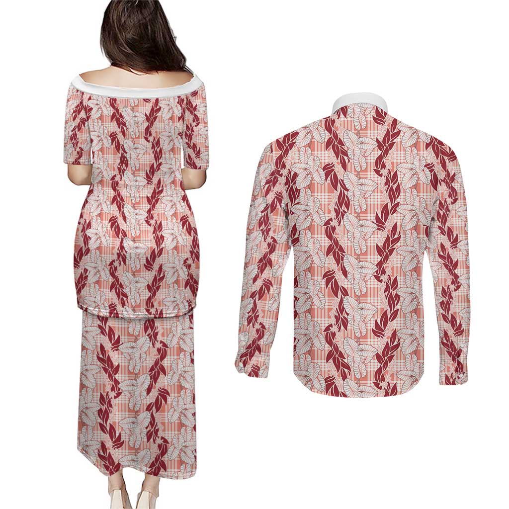 Hawaii Ti Leaf Maile Tuberose Lei Couples Matching Puletasi and Long Sleeve Button Shirt With Hanalei Leaf Red LT05 - Polynesian Pride