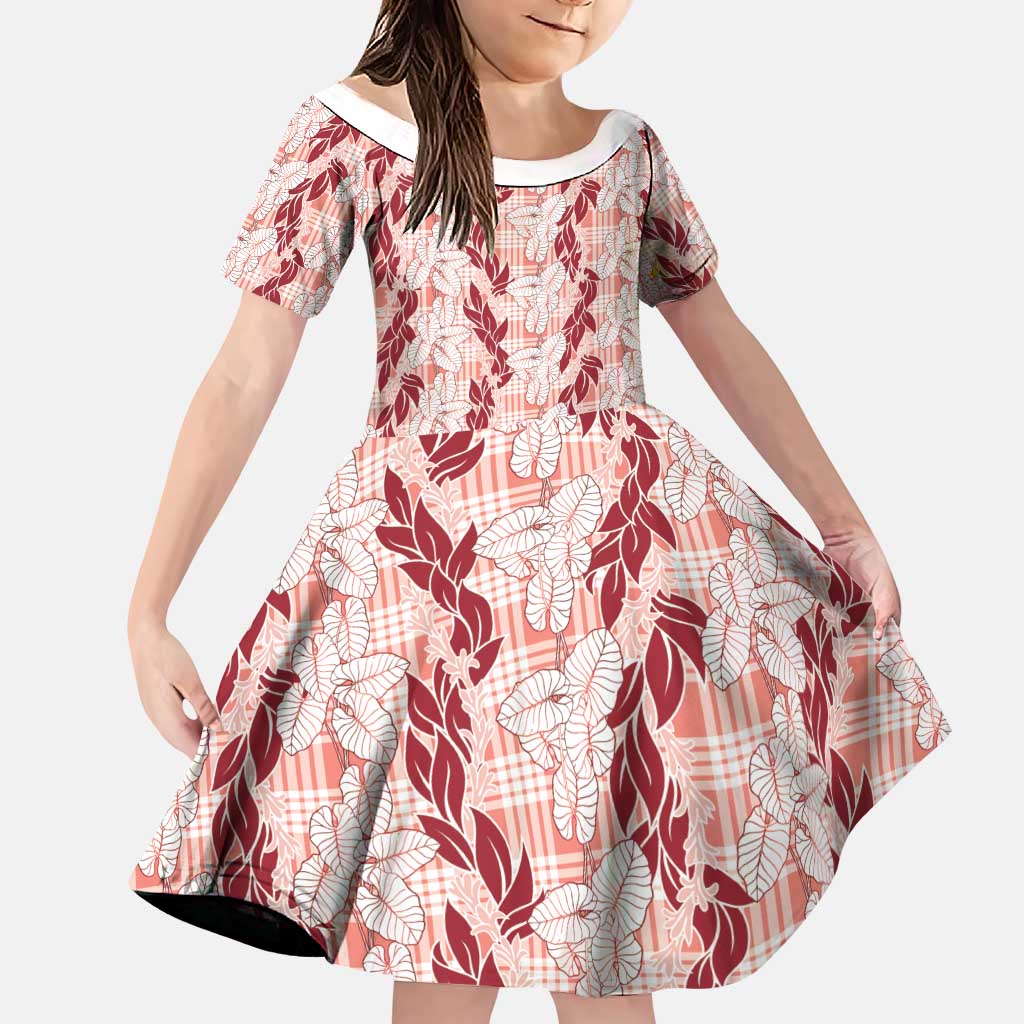 Hawaii Ti Leaf Maile Tuberose Lei Family Matching Long Sleeve Bodycon Dress and Hawaiian Shirt With Hanalei Leaf Red LT05 Daughter's Dress Red - Polynesian Pride