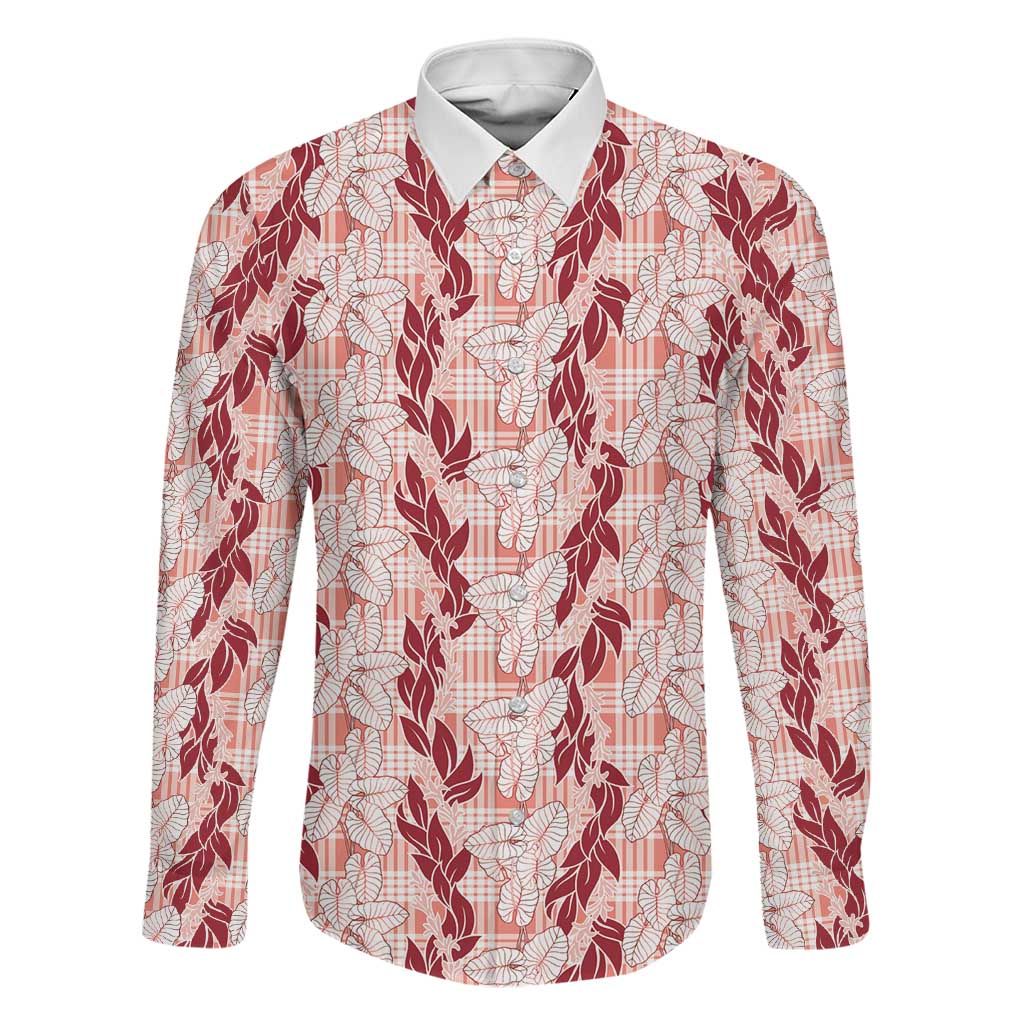 Hawaii Ti Leaf Maile Tuberose Lei Family Matching Long Sleeve Bodycon Dress and Hawaiian Shirt With Hanalei Leaf Red LT05 Dad's Shirt - Long Sleeve Red - Polynesian Pride