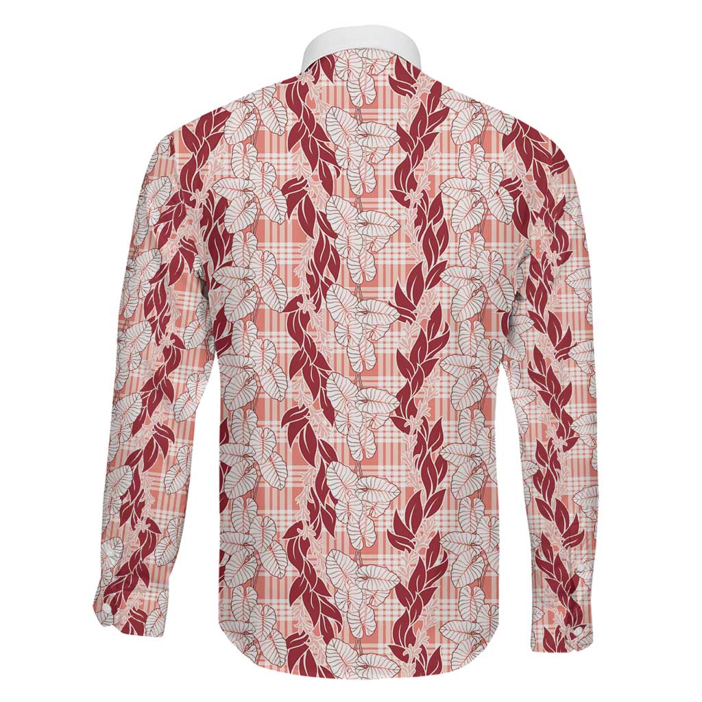 Hawaii Ti Leaf Maile Tuberose Lei Family Matching Long Sleeve Bodycon Dress and Hawaiian Shirt With Hanalei Leaf Red LT05 - Polynesian Pride