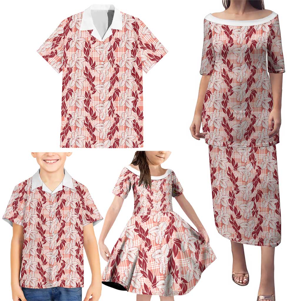Hawaii Ti Leaf Maile Tuberose Lei Family Matching Puletasi and Hawaiian Shirt With Hanalei Leaf Red