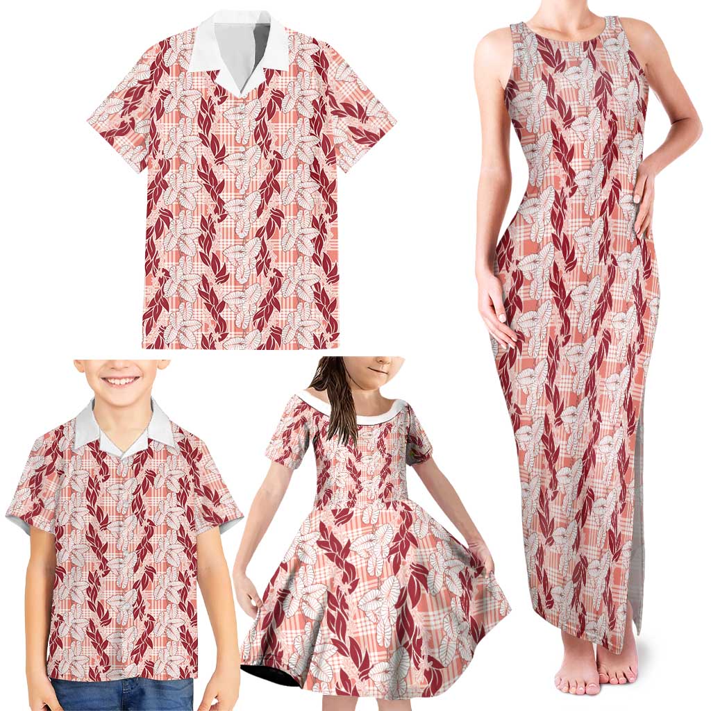 Hawaii Ti Leaf Maile Tuberose Lei Family Matching Tank Maxi Dress and Hawaiian Shirt With Hanalei Leaf Red LT05 - Polynesian Pride