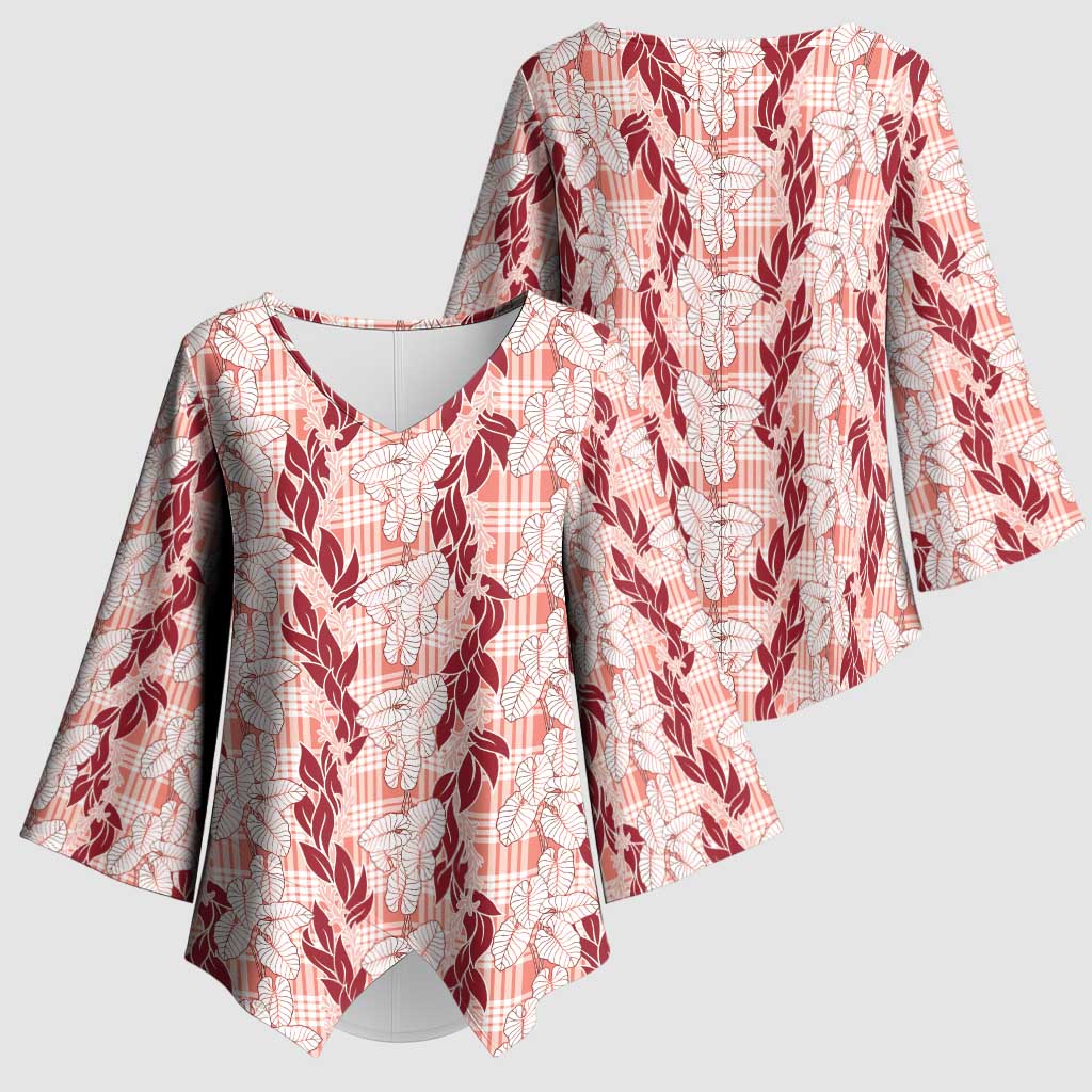 Hawaii Ti Leaf Maile Tuberose Lei Kimono Sleeve Blouse With Hanalei Leaf Red LT05 - Polynesian Pride