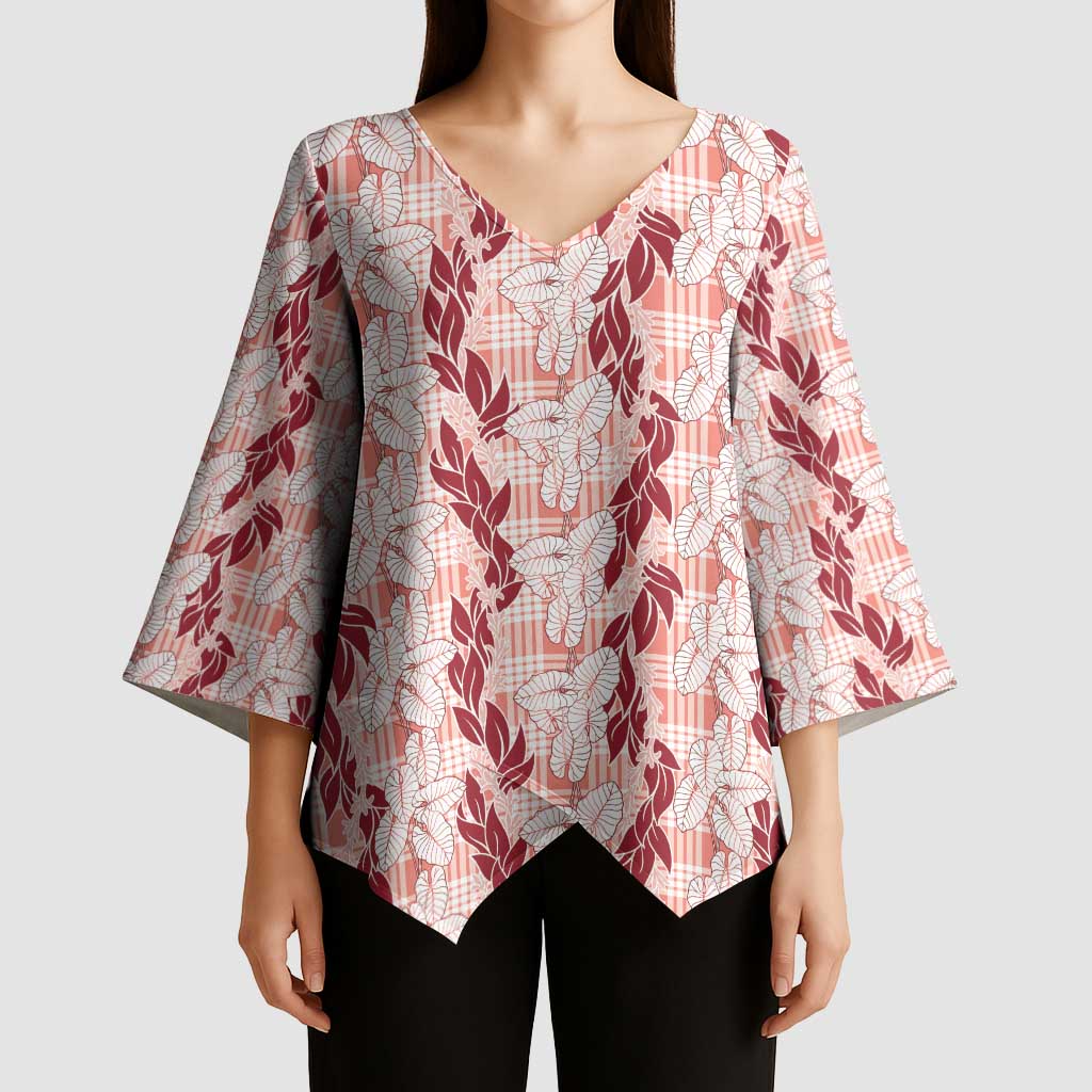 Hawaii Ti Leaf Maile Tuberose Lei Kimono Sleeve Blouse With Hanalei Leaf Red LT05 - Polynesian Pride