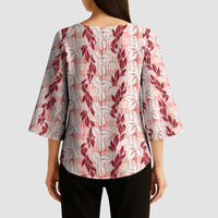 Hawaii Ti Leaf Maile Tuberose Lei Kimono Sleeve Blouse With Hanalei Leaf Red LT05 - Polynesian Pride