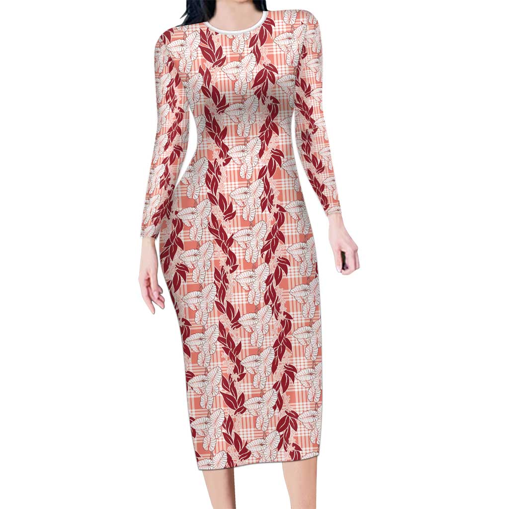 Hawaii Ti Leaf Maile Tuberose Lei Long Sleeve Bodycon Dress With Hanalei Leaf Red LT05 Long Dress Red - Polynesian Pride