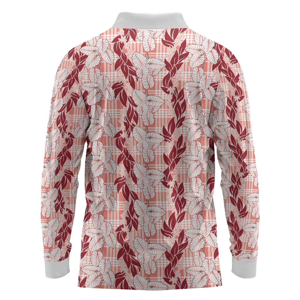 Hawaii Ti Leaf Maile Tuberose Lei Long Sleeve Polo Shirt With Hanalei Leaf Red LT05 - Polynesian Pride