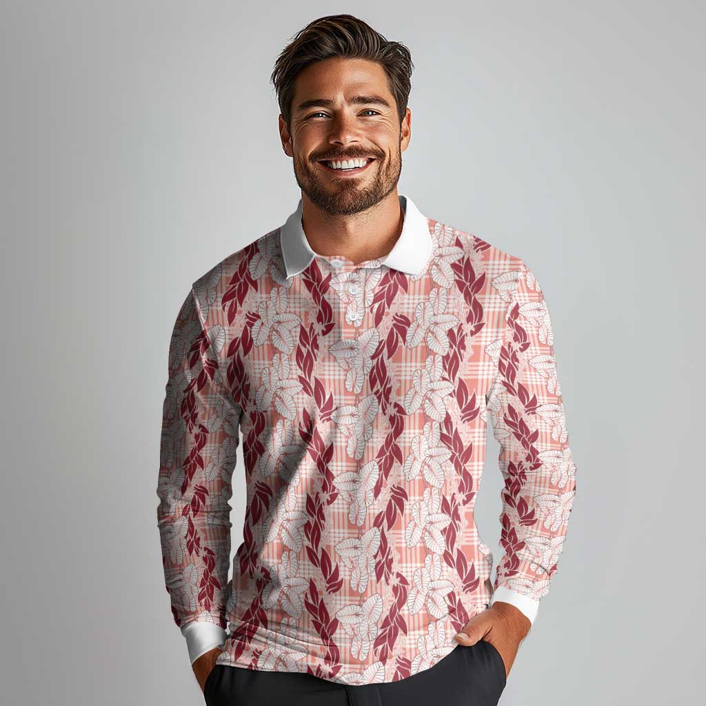 Hawaii Ti Leaf Maile Tuberose Lei Long Sleeve Polo Shirt With Hanalei Leaf Red LT05 - Polynesian Pride