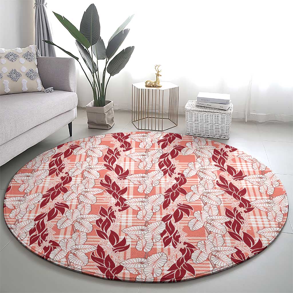 Hawaii Ti Leaf Maile Tuberose Lei Round Carpet With Hanalei Leaf Red LT05 - Polynesian Pride