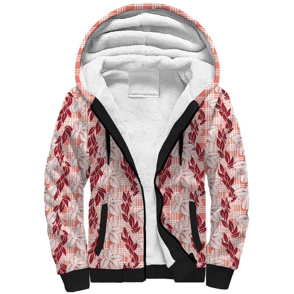 Hawaii Ti Leaf Maile Tuberose Lei Sherpa Hoodie With Hanalei Leaf Red