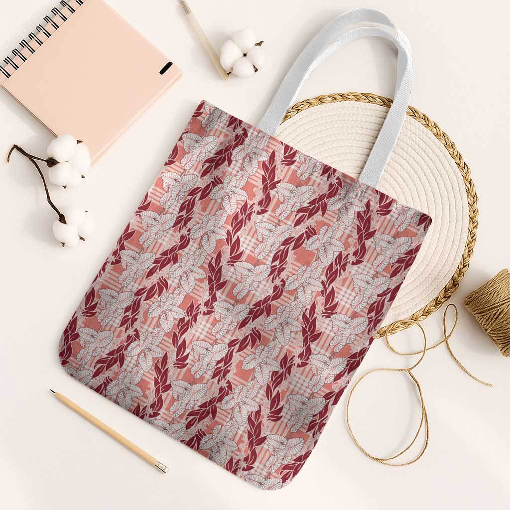 Hawaii Ti Leaf Maile Tuberose Lei Tote Bag With Hanalei Leaf Red LT05 White Strap One Size Red - Polynesian Pride
