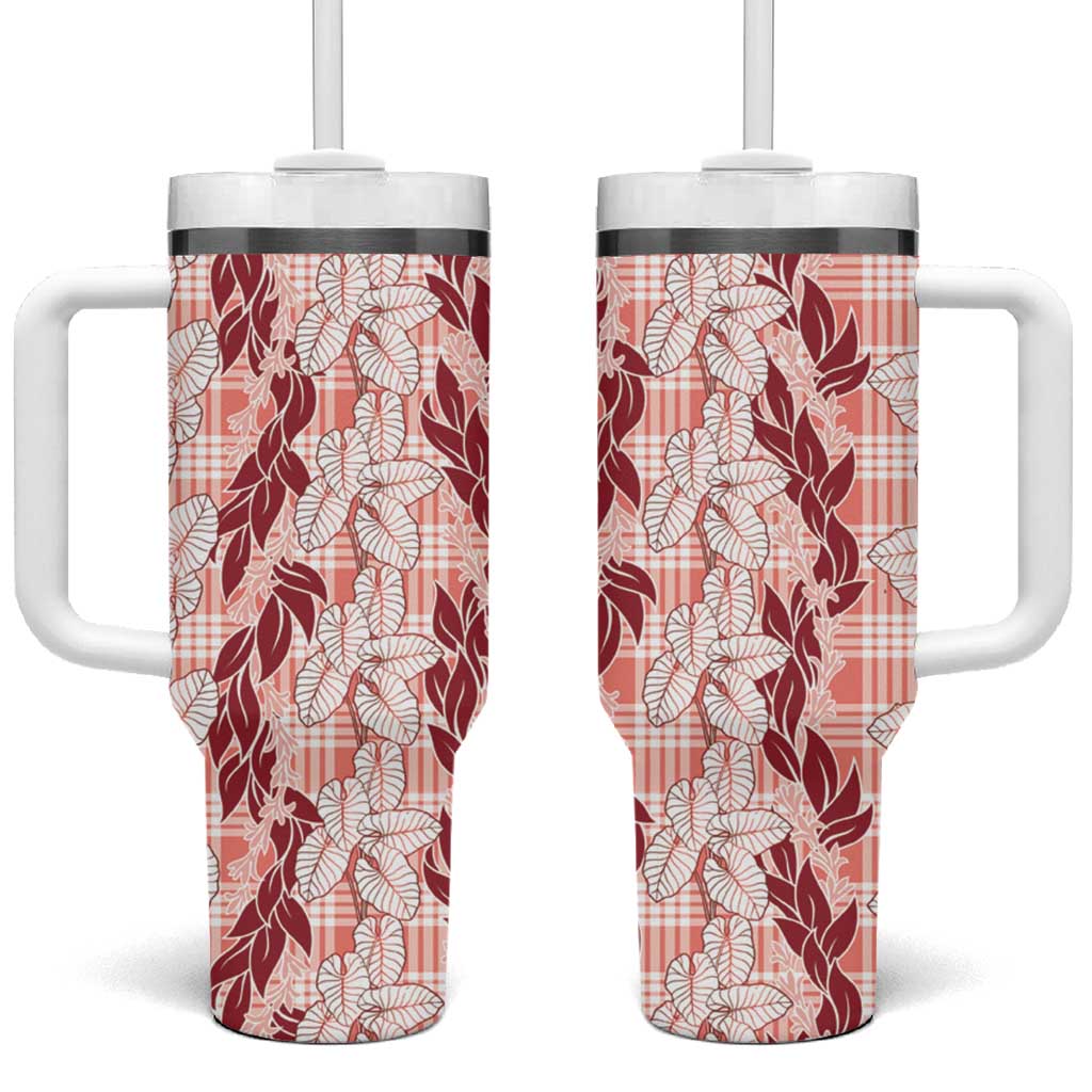 Hawaii Ti Leaf Maile Tuberose Lei Tumbler With Handle With Hanalei Leaf Red LT05 One Size: 40 oz Red - Polynesian Pride