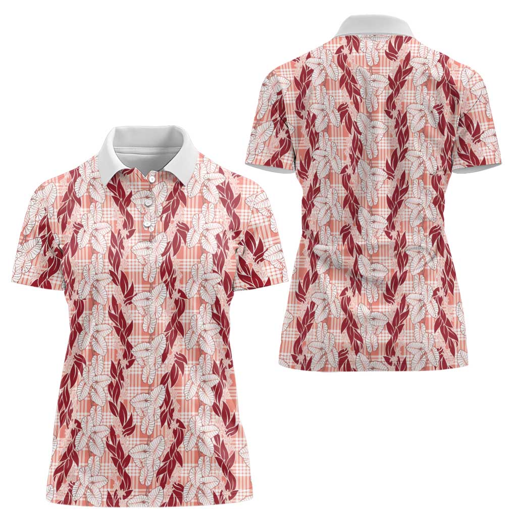 Hawaii Ti Leaf Maile Tuberose Lei Women Polo Shirt With Hanalei Leaf Red LT05 - Polynesian Pride