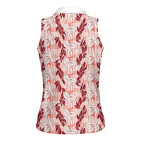 Hawaii Ti Leaf Maile Tuberose Lei Women Sleeveless Polo Shirt With Hanalei Leaf Red LT05 - Polynesian Pride