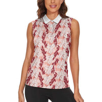 Hawaii Ti Leaf Maile Tuberose Lei Women Sleeveless Polo Shirt With Hanalei Leaf Red LT05 - Polynesian Pride