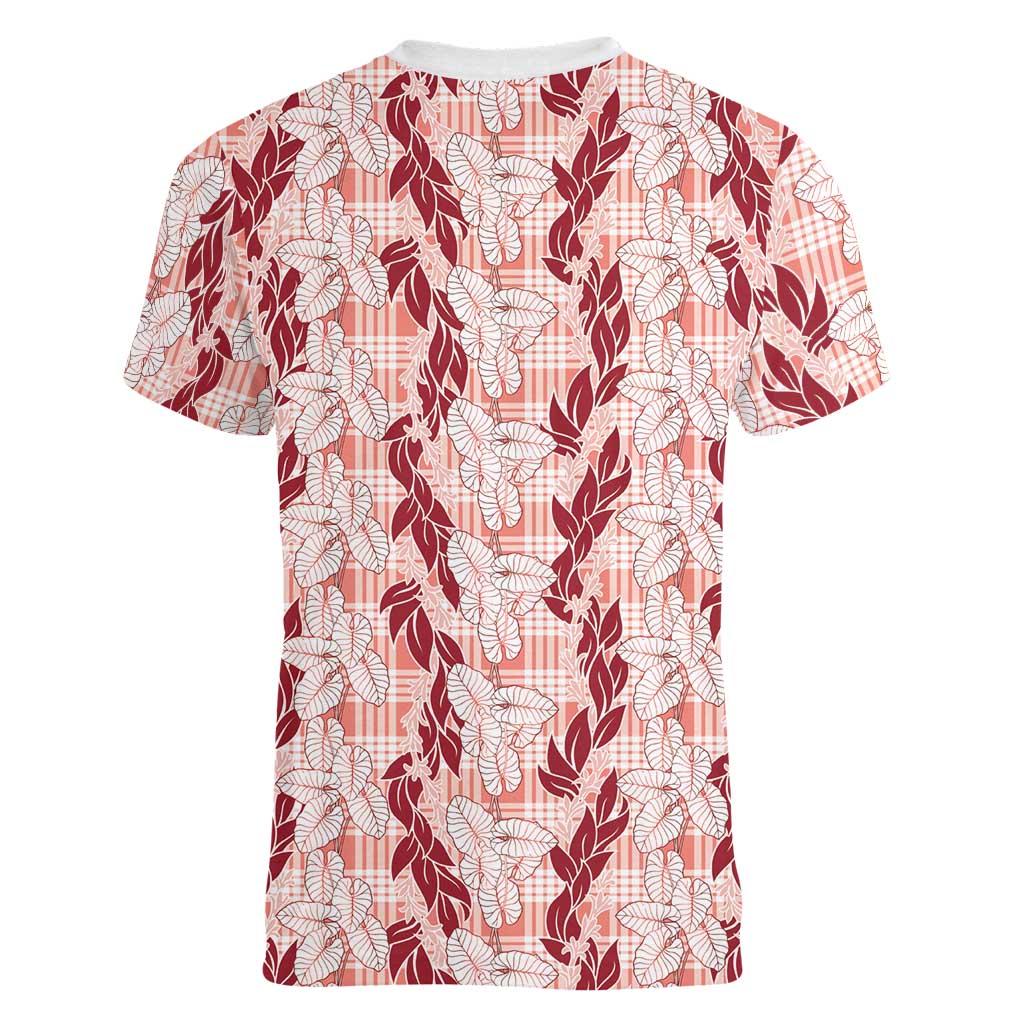Hawaii Ti Leaf Maile Tuberose Lei Women V-Neck T-Shirt With Hanalei Leaf Red LT05 - Polynesian Pride