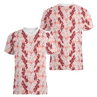Hawaii Ti Leaf Maile Tuberose Lei Women V-Neck T-Shirt With Hanalei Leaf Red LT05 - Polynesian Pride