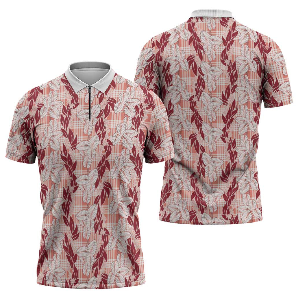 Hawaii Ti Leaf Maile Tuberose Lei Zipper Polo Shirt With Hanalei Leaf Red LT05 - Polynesian Pride