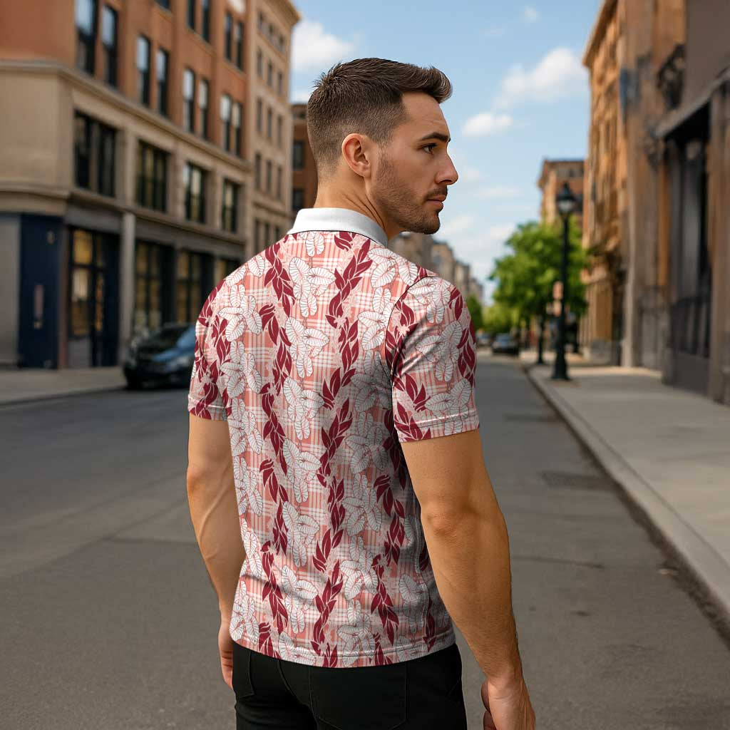 Hawaii Ti Leaf Maile Tuberose Lei Zipper Polo Shirt With Hanalei Leaf Red LT05 - Polynesian Pride